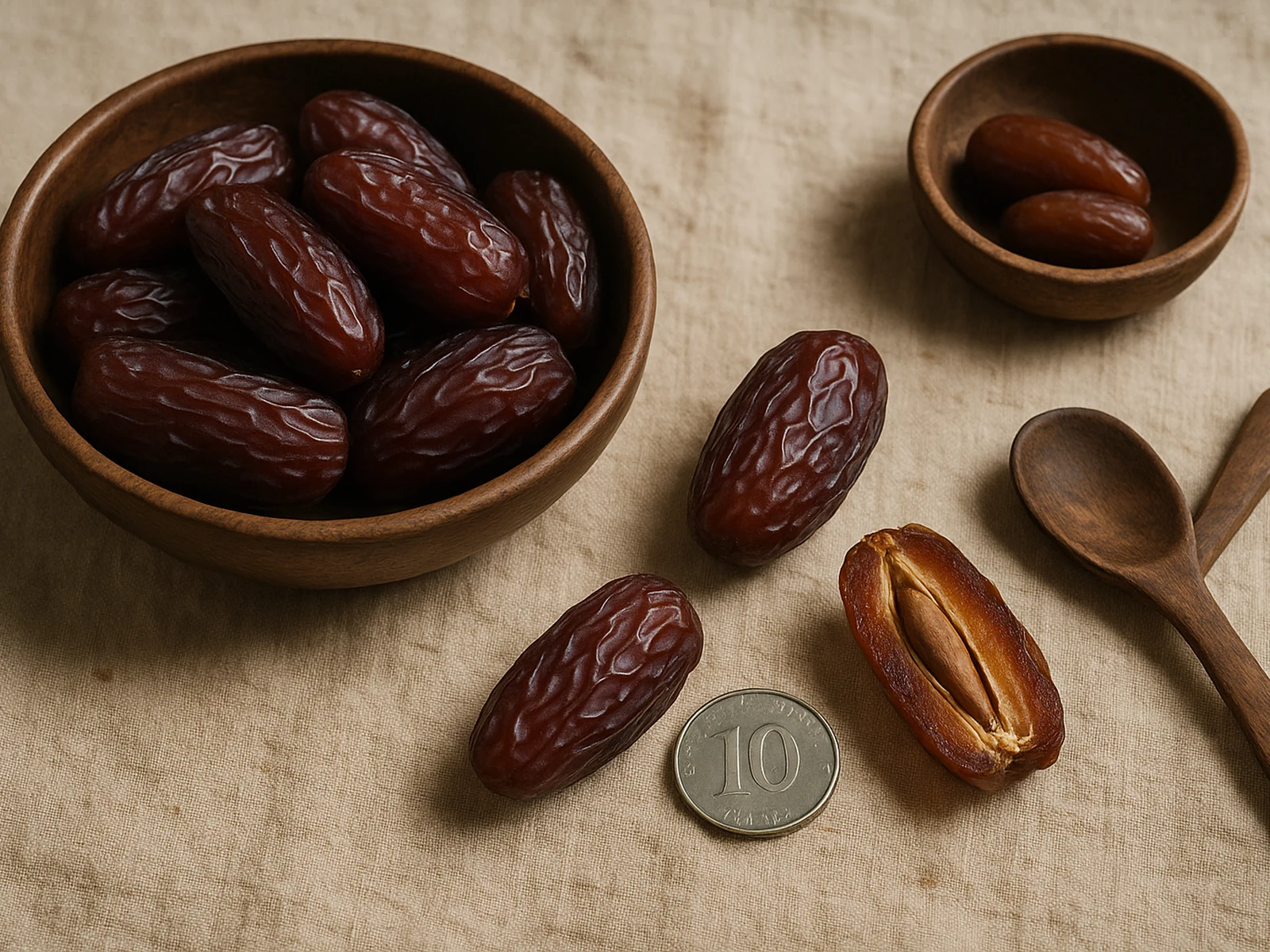 Medjool dates authenticity test with Rs.10 coin size reference and split-open dates