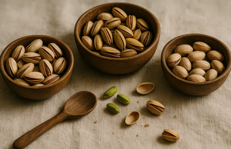 Three wooden bowls of premium Iranian pistachio varieties — Akbari, Ahmad Aghaei, and Kerman — on warm linen