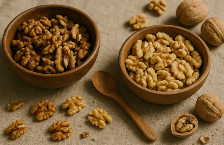 Two wooden bowls of premium walnut varieties — Kashmiri akhrot and Chilean walnuts — on warm linen