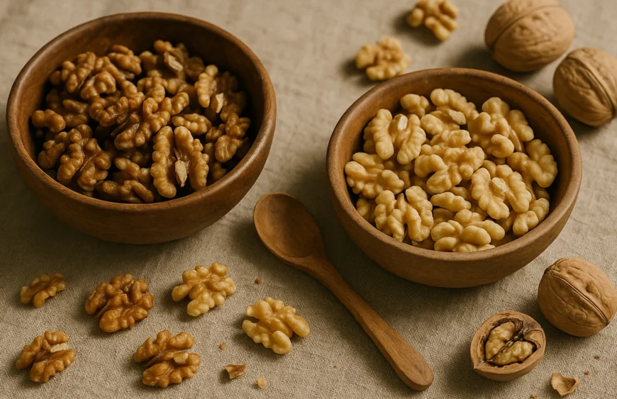 Two wooden bowls of premium walnut varieties — Kashmiri akhrot and Chilean walnuts — on warm linen