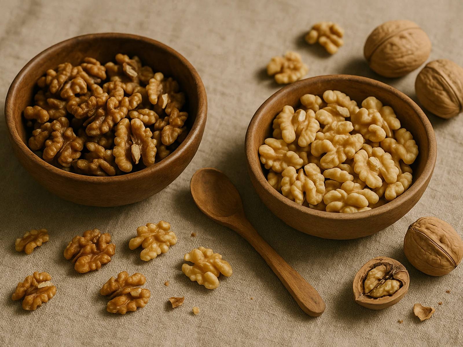 Two bowls of premium walnut varieties