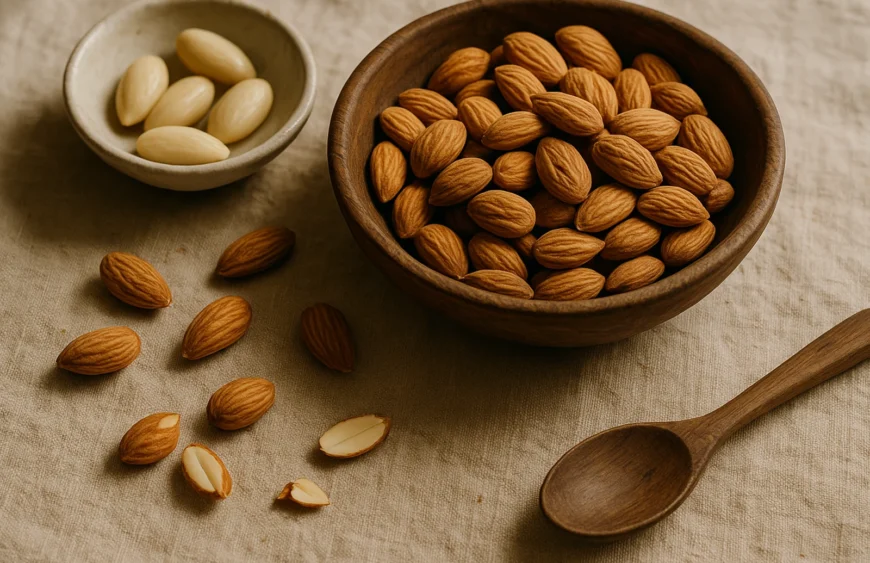 Single bowl of premium Mamra almonds with soaked-and-peeled kernels and cracked sample on warm linen
