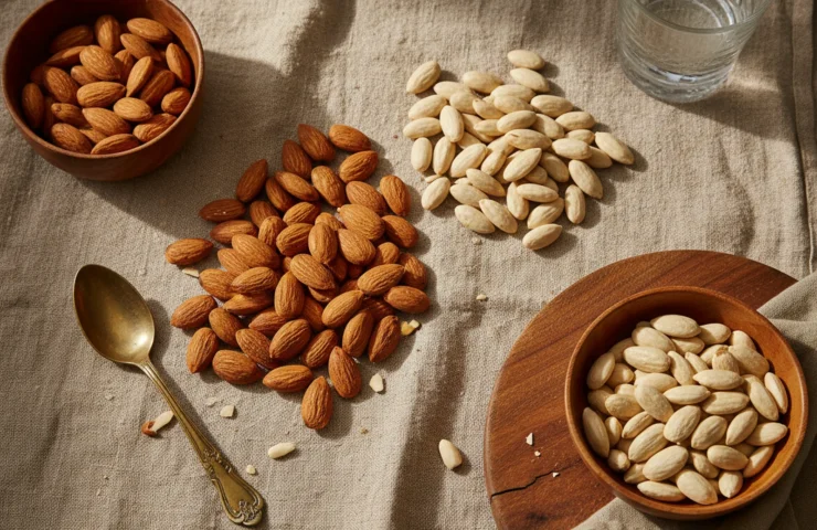 mamra vs california almonds price: premium product photography on warm linen
