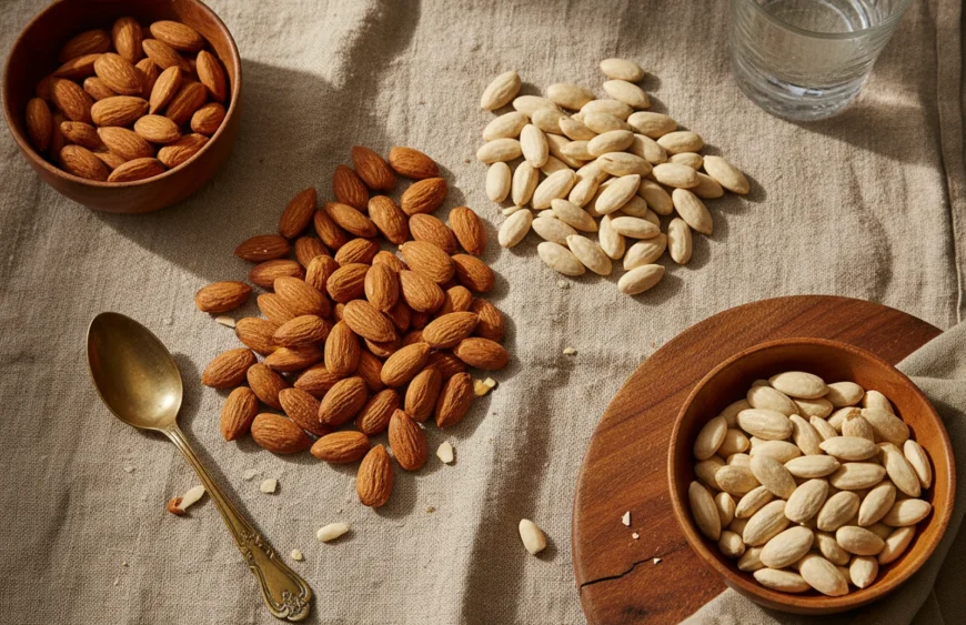 mamra vs california almonds price: premium product photography on warm linen