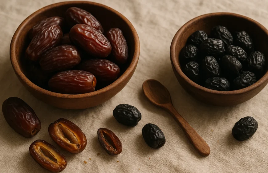 Two wooden bowls comparing premium Medjool dates and Ajwa dates with split-open samples on warm linen