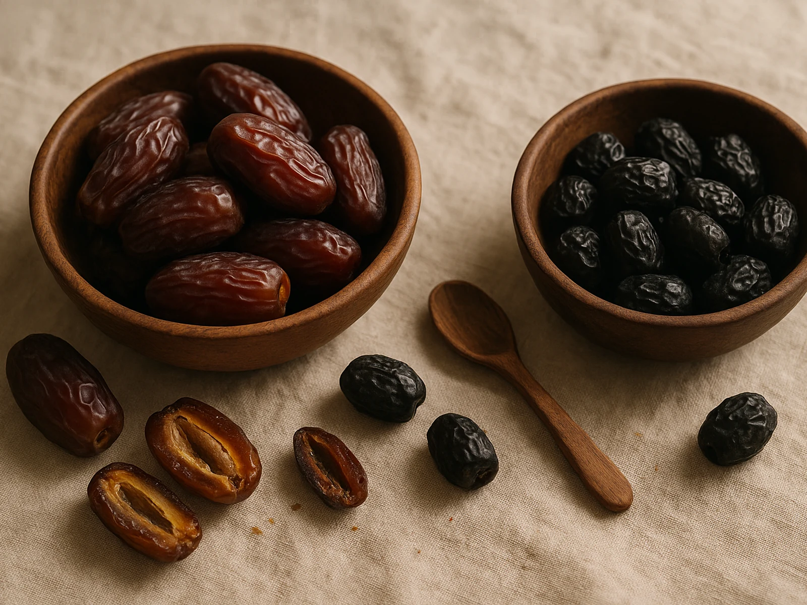 Two bowls comparing Medjool and Ajwa dates with split-open samples
