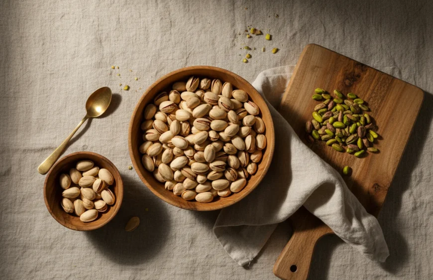pistachios weight loss: premium product photography on warm linen
