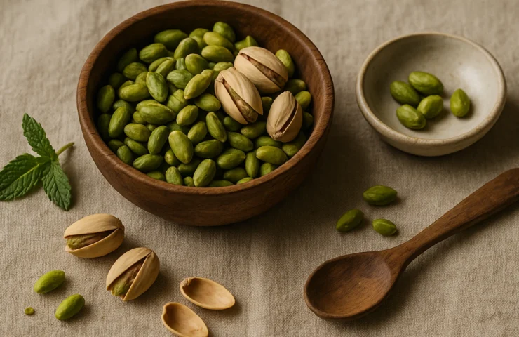 Bowl of premium shelled green Iranian pistachios with herb sprig — wellness still life on warm linen