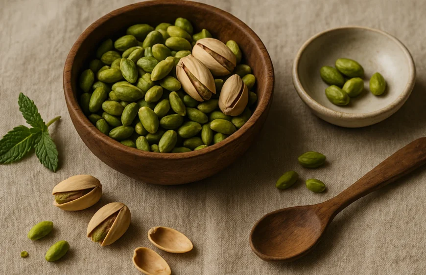 Bowl of premium shelled green Iranian pistachios with herb sprig — wellness still life on warm linen