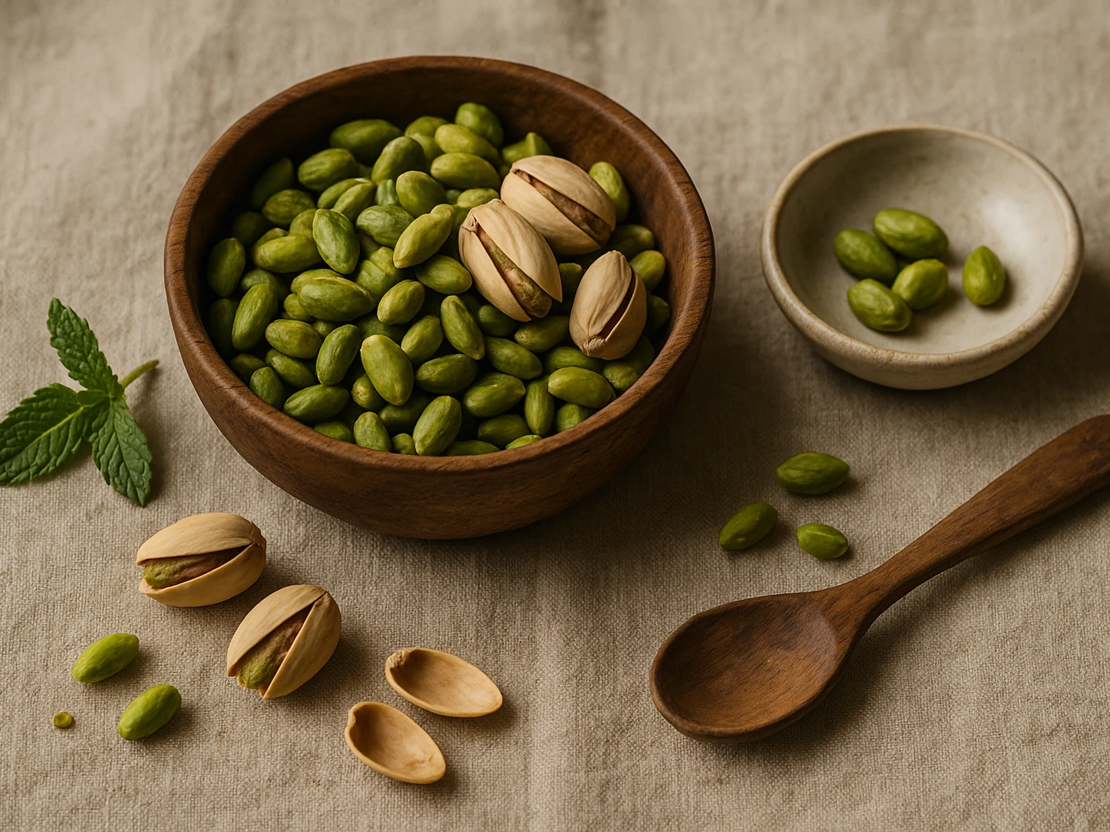 Bowl of shelled green Iranian pistachios with herb sprig
