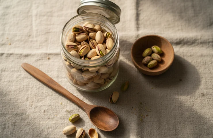 Glass jar of in-shell premium Iranian pistachios with airtight storage setup on warm linen