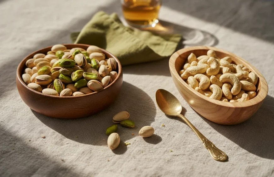 pistachios vs cashews: premium product photography on warm linen