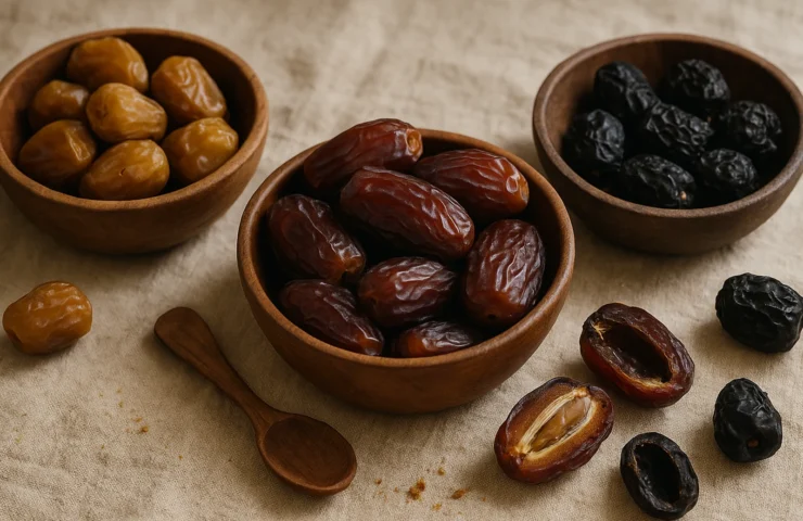 Three wooden bowls of premium date varieties — Sukkari, Medjool, and Ajwa — on warm linen