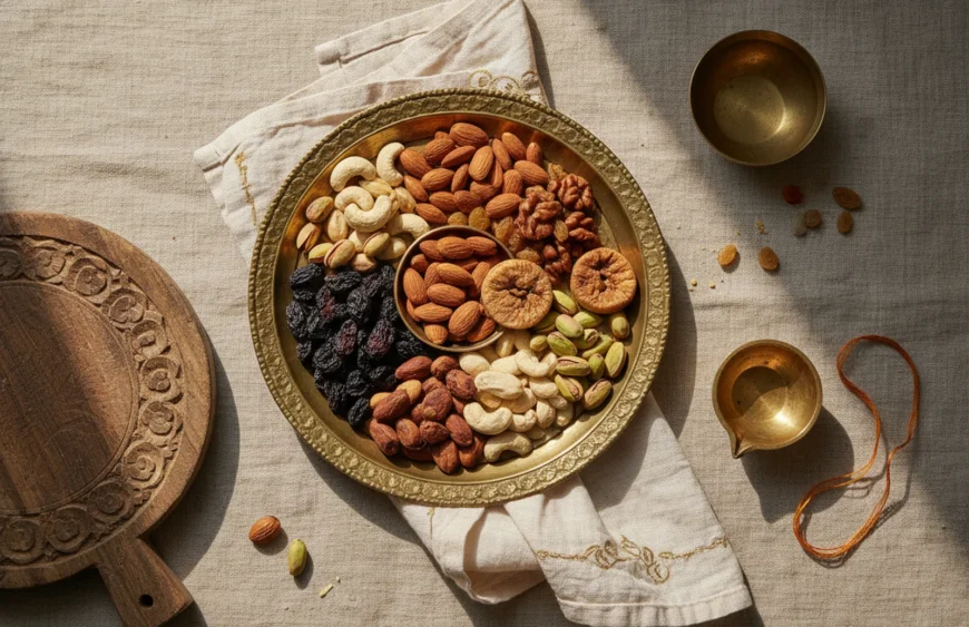 premium dry fruit gift box under 1000: premium product photography on warm linen