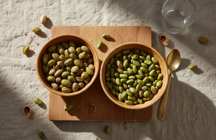 salted vs unsalted pistachios: premium product photography on warm linen