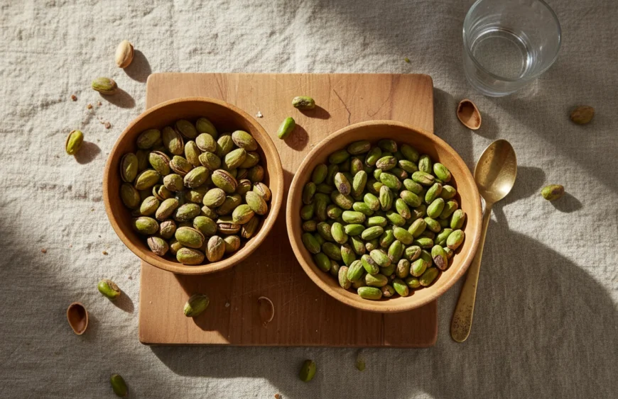 salted vs unsalted pistachios: premium product photography on warm linen