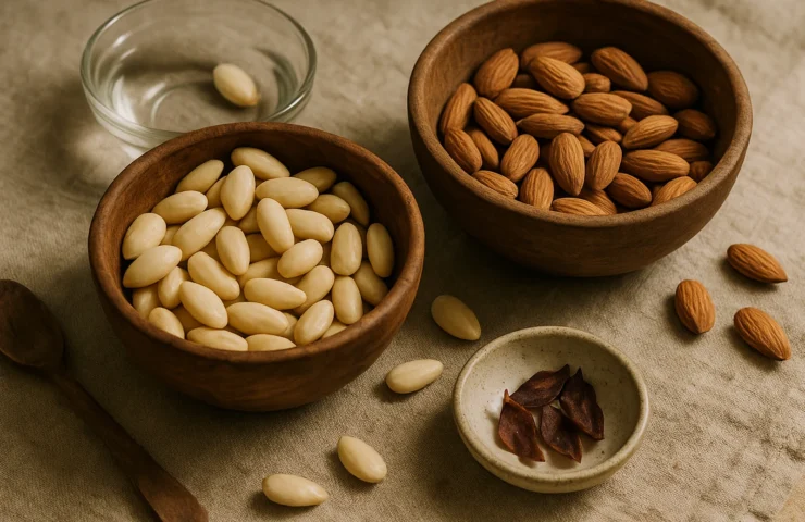 Two bowls comparing soaked-and-peeled almonds vs raw whole almonds with peeled skins on warm linen