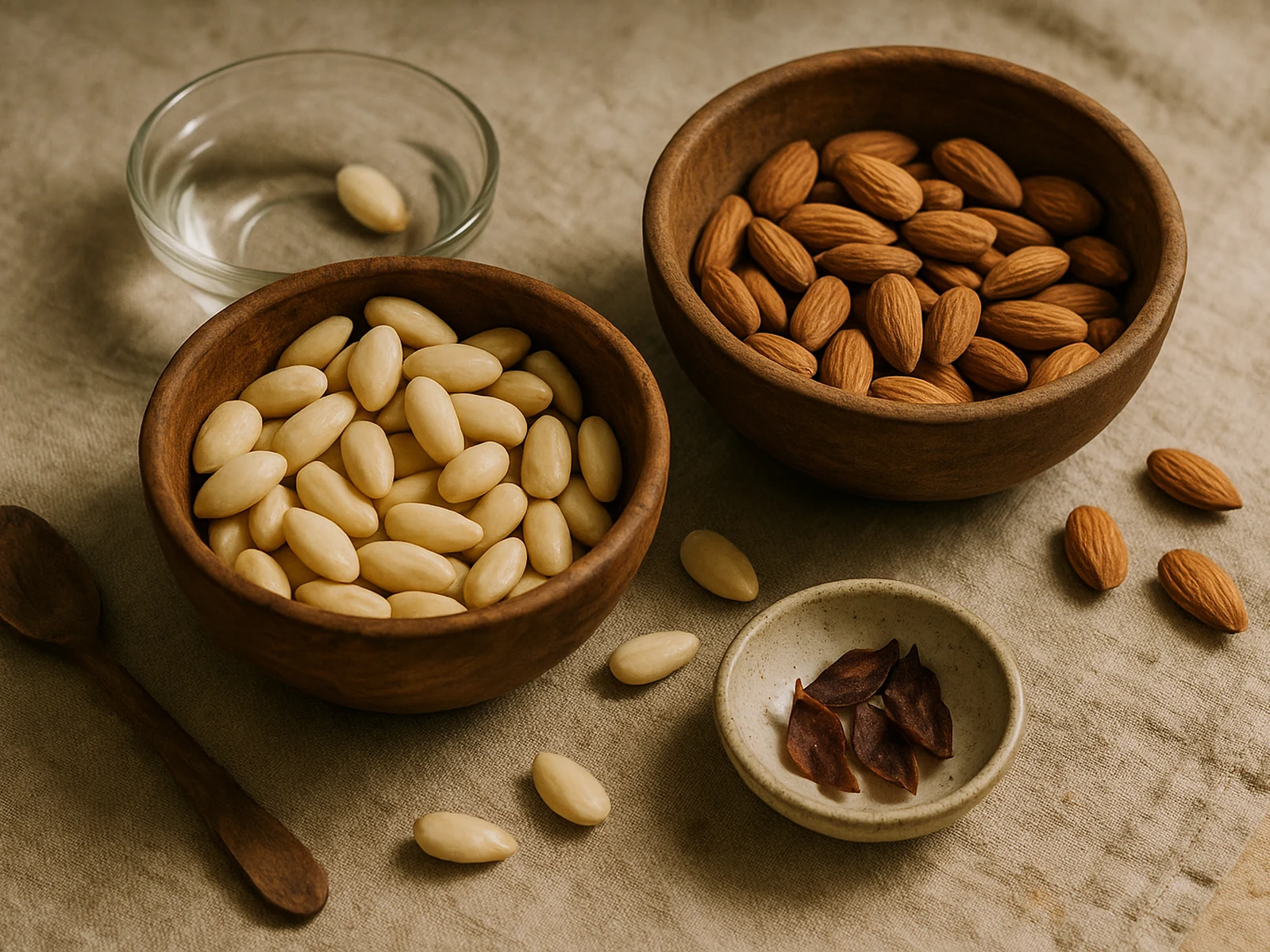 Two bowls comparing soaked-and-peeled almonds vs raw whole almonds