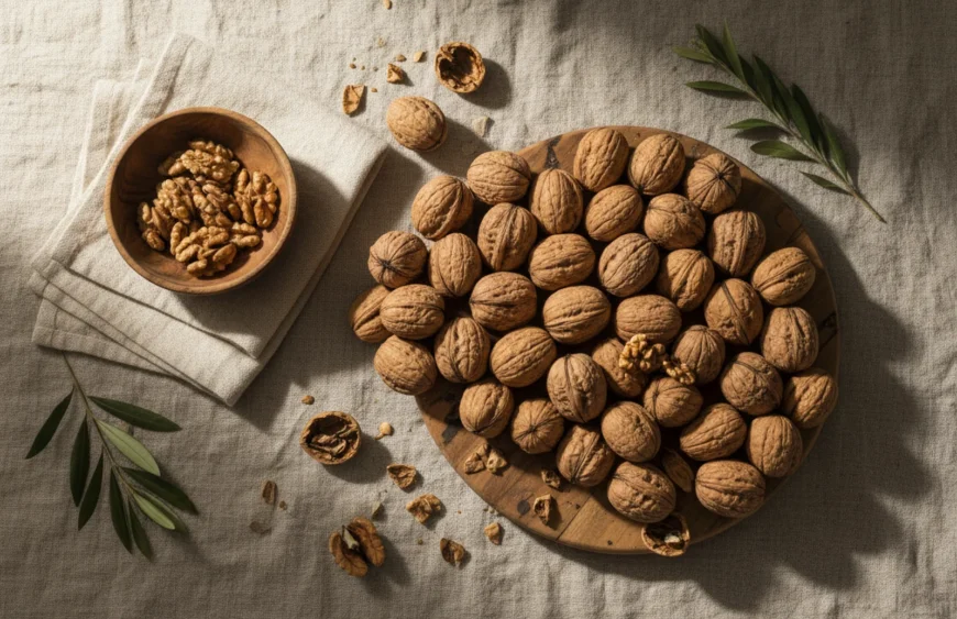 walnuts for brain: premium product photography on warm linen