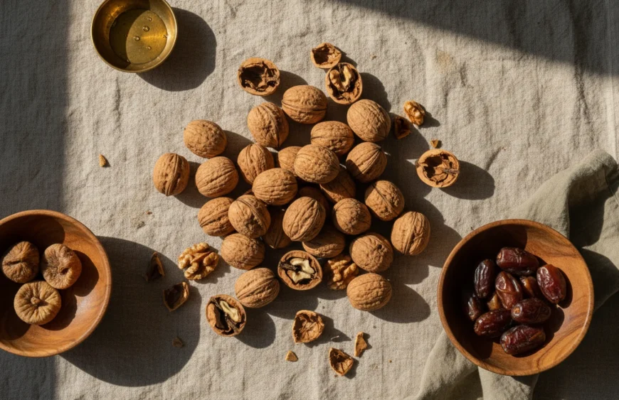 walnuts during pregnancy: premium product photography on warm linen