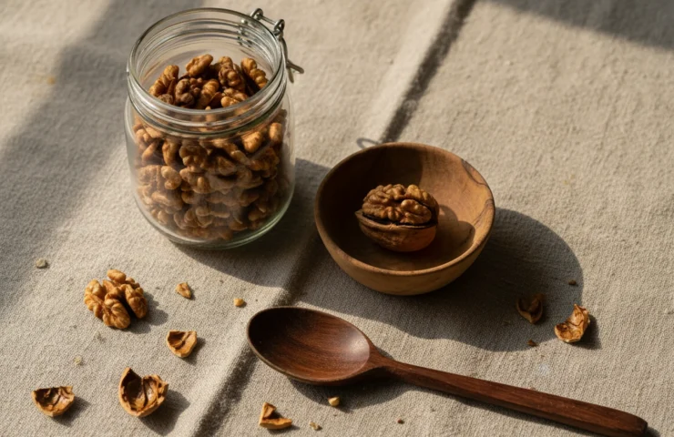 Glass jar of premium walnut halves with whole cracked walnut and storage setup on warm linen