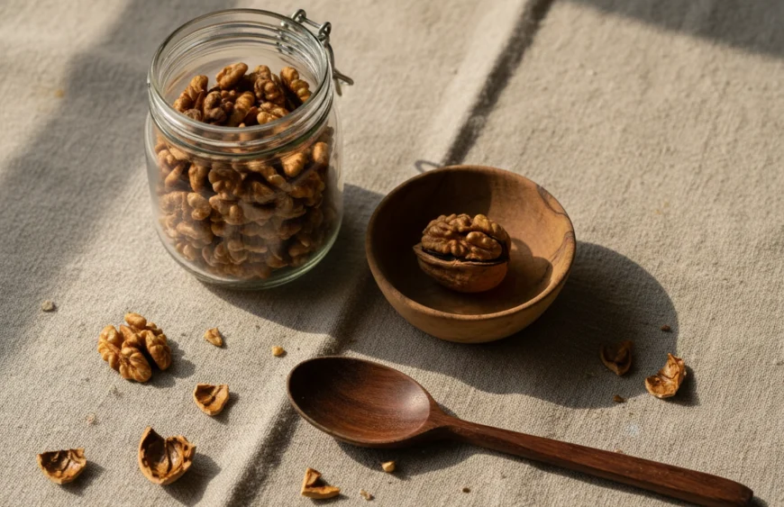 Glass jar of premium walnut halves with whole cracked walnut and storage setup on warm linen