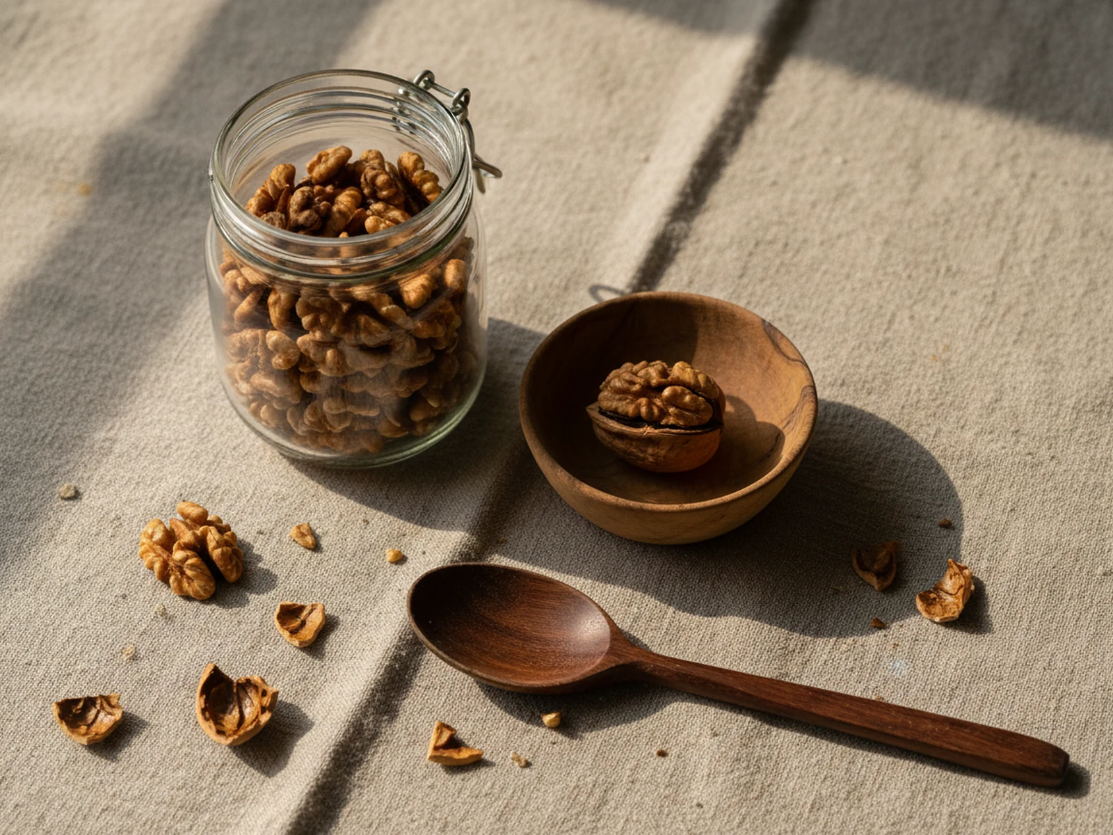 Glass jar of premium walnut halves with whole cracked walnut and storage setup