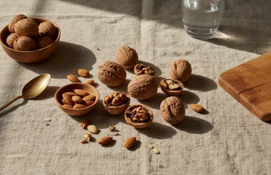 walnuts vs almonds: premium product photography on warm linen