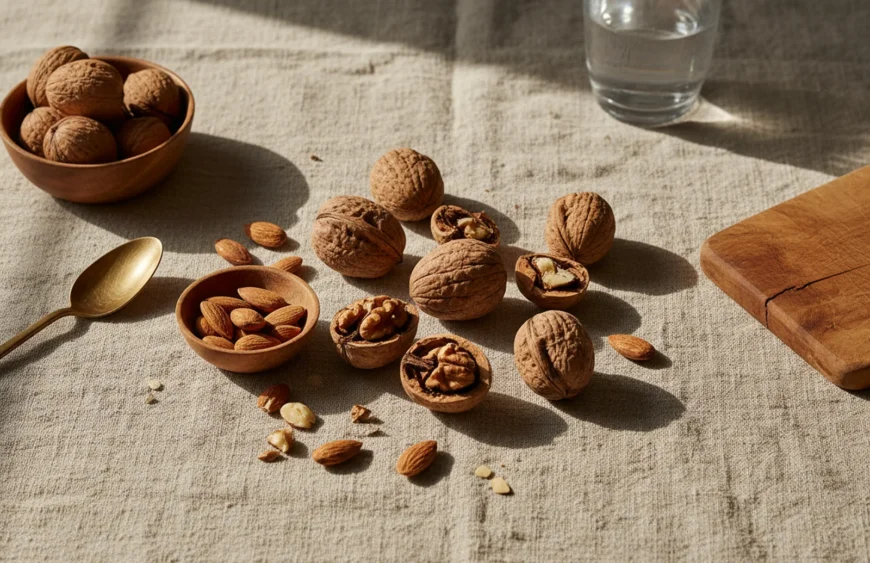 walnuts vs almonds: premium product photography on warm linen