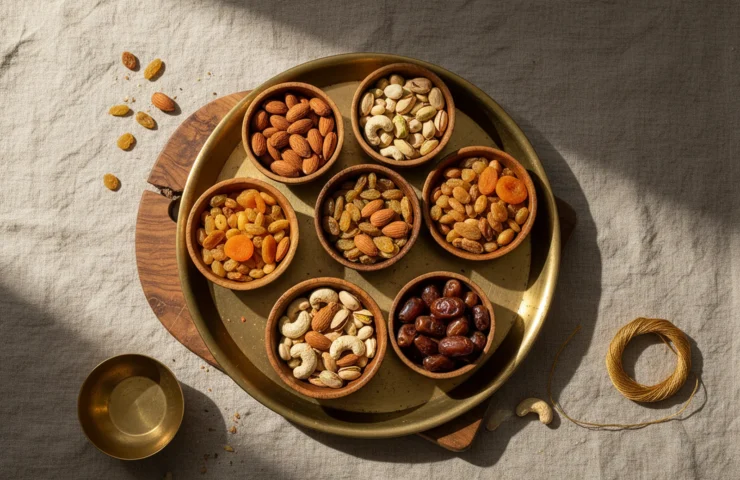 wedding dry fruit hampers: premium product photography on warm linen
