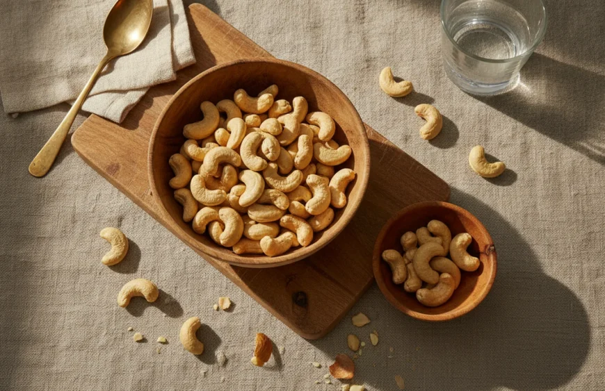cashew health benefits: premium product photography on warm linen