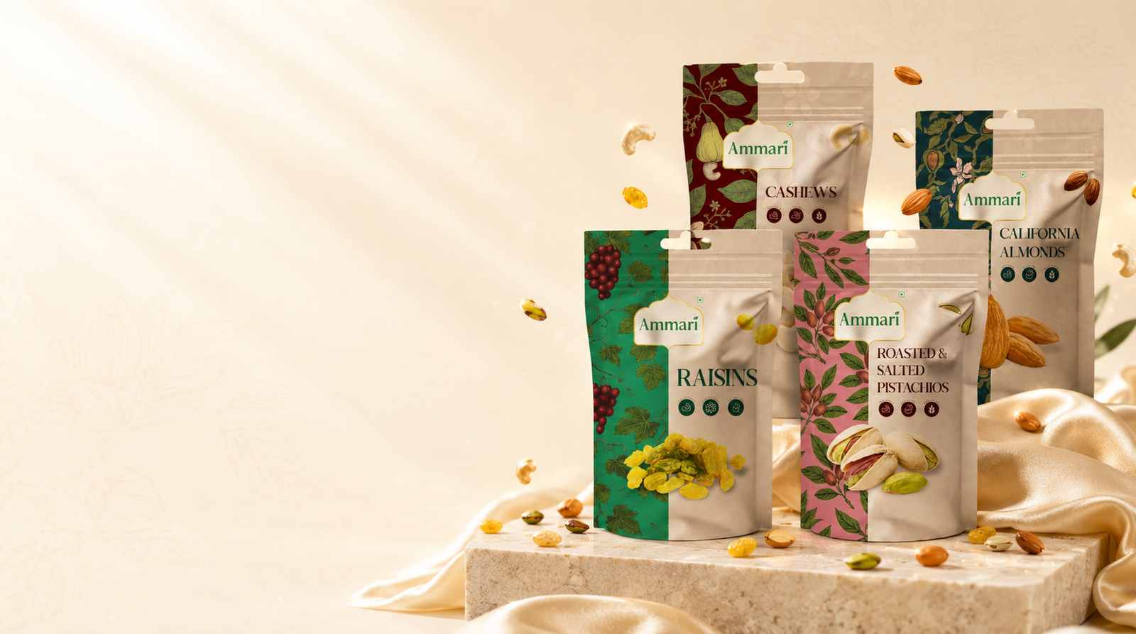 Ammari premium dry fruit pouches with falling nuts on a light cream background