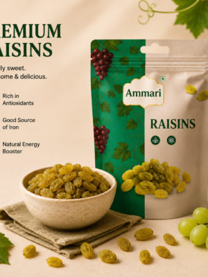 Ammari Premium Raisins pouch with bowl of green kishmish — rich in antioxidants, good source of iron, natural energy booster