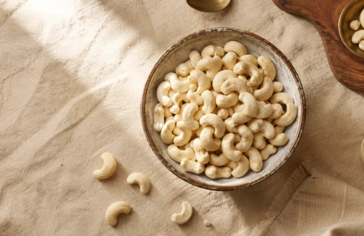 Premium whole cashews in a ceramic bowl on warm linen with brass spoon, Ammari Foods cover image