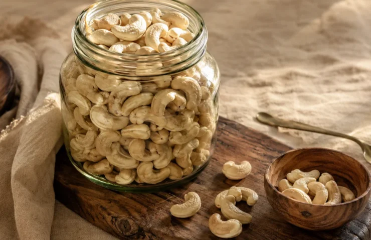 Whole cashews in a glass storage jar on a wooden board with a brass spoon, Ammari Foods cover image