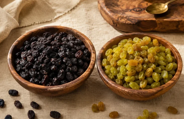 Black and green raisins side by side in ceramic bowls on warm linen, Ammari Foods cover image