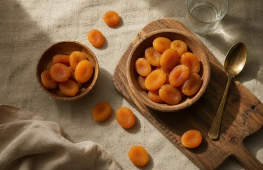 dried apricots benefits: premium product photography on warm linen