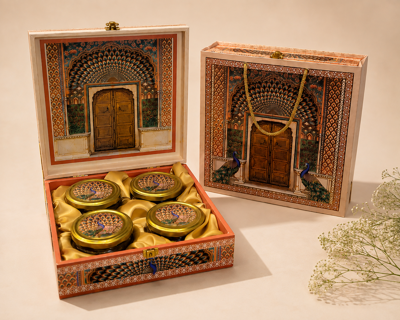 Ammari Signature corporate gift hamper in a Jaipur peacock-motif box