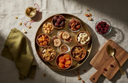 customized dry fruit gift box with logo: premium product photography on warm linen
