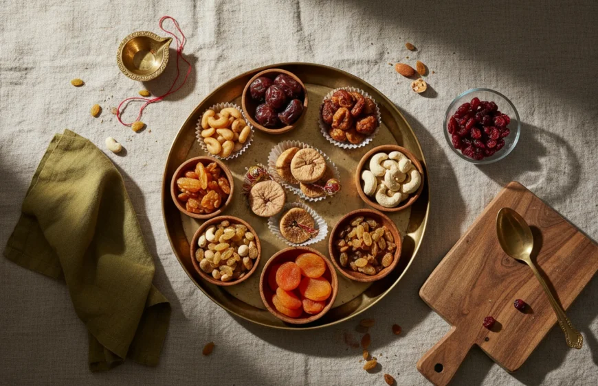 customized dry fruit gift box with logo: premium product photography on warm linen