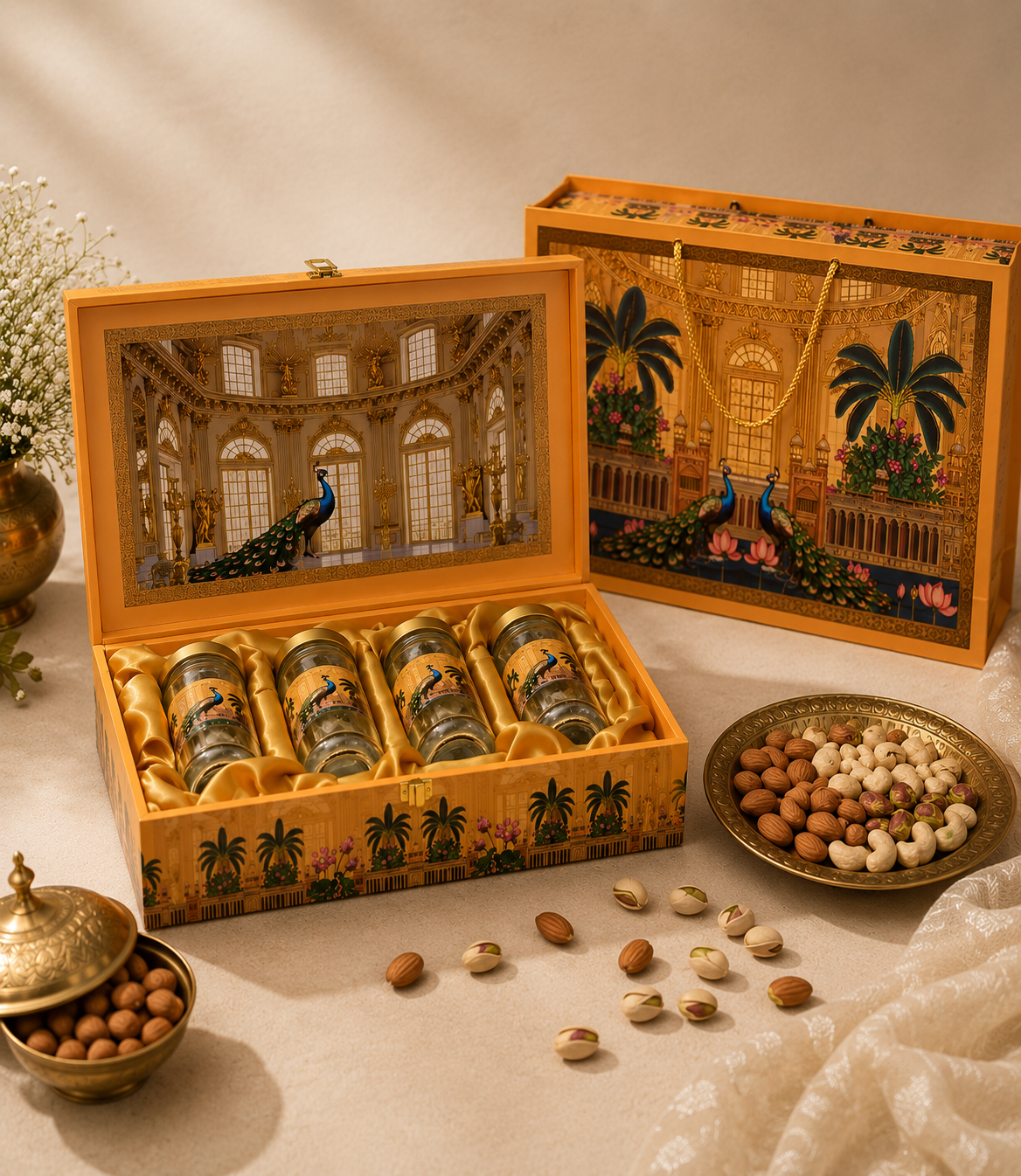Ammari Amber Palace corporate gift hamper in a golden peacock palace-motif box with four jars