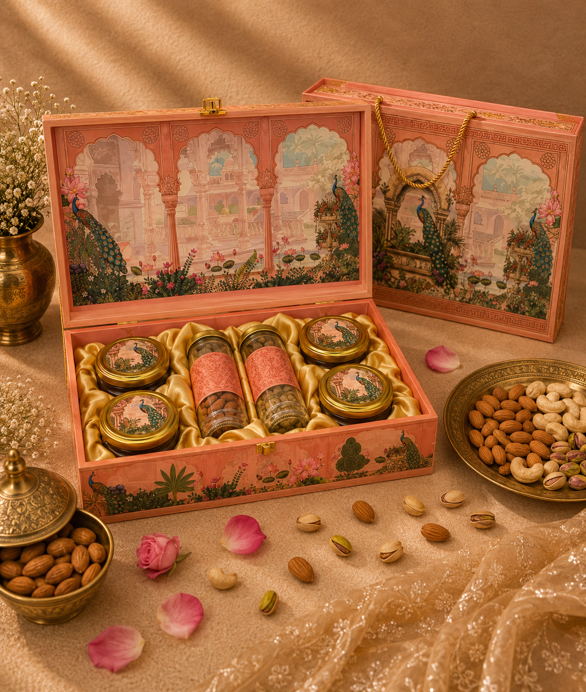 Ammari Blush Palace corporate gift hamper in a blush pink peacock palace-motif box