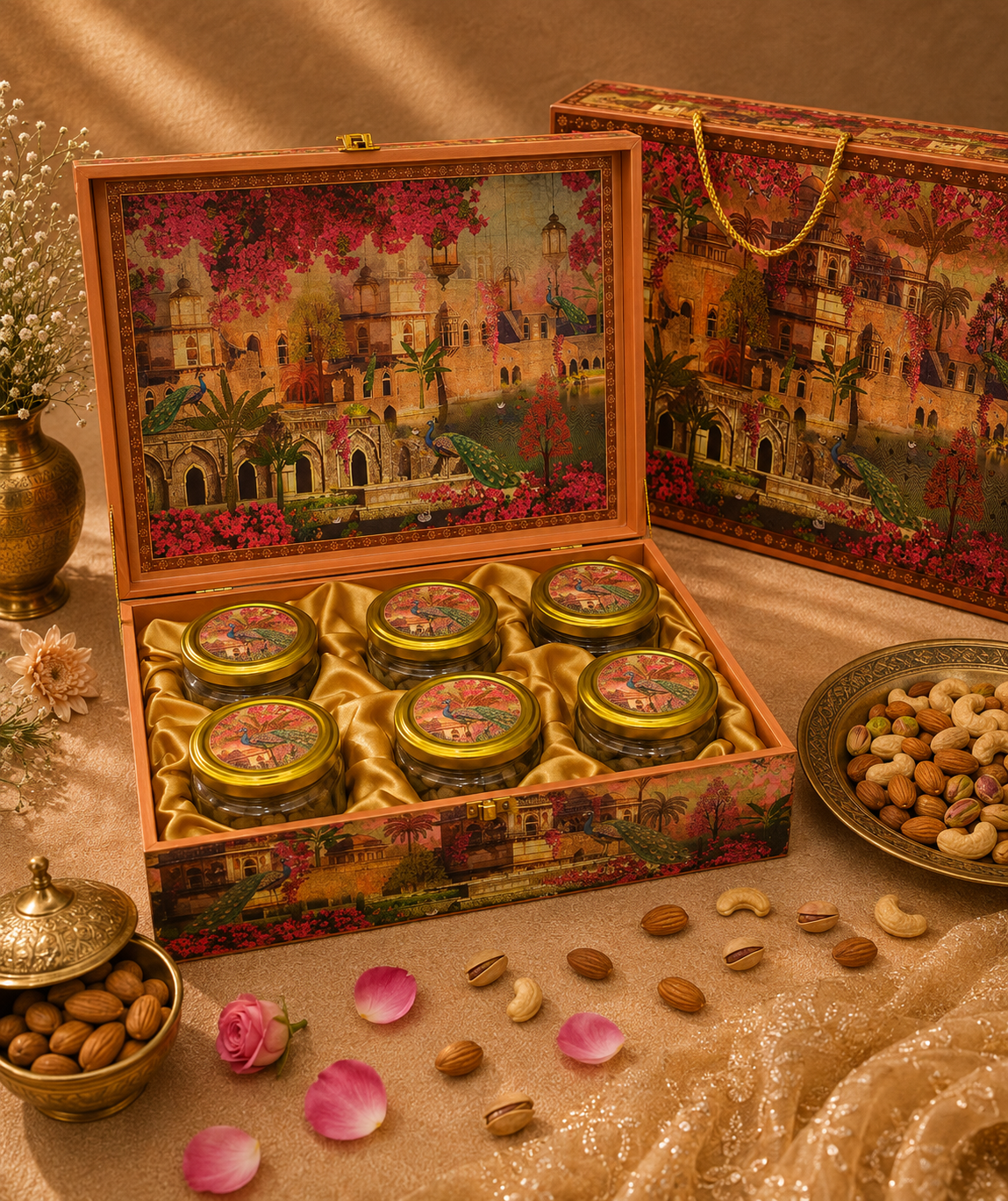 Ammari Bougainvillea corporate gift hamper in a magenta bougainvillea palace-motif box with six jars