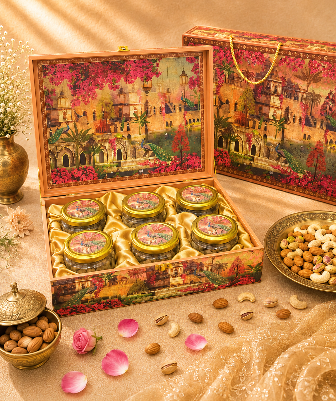 Ammari Bougainvillea Twilight corporate gift hamper in a magenta bougainvillea palace-motif box with six jars