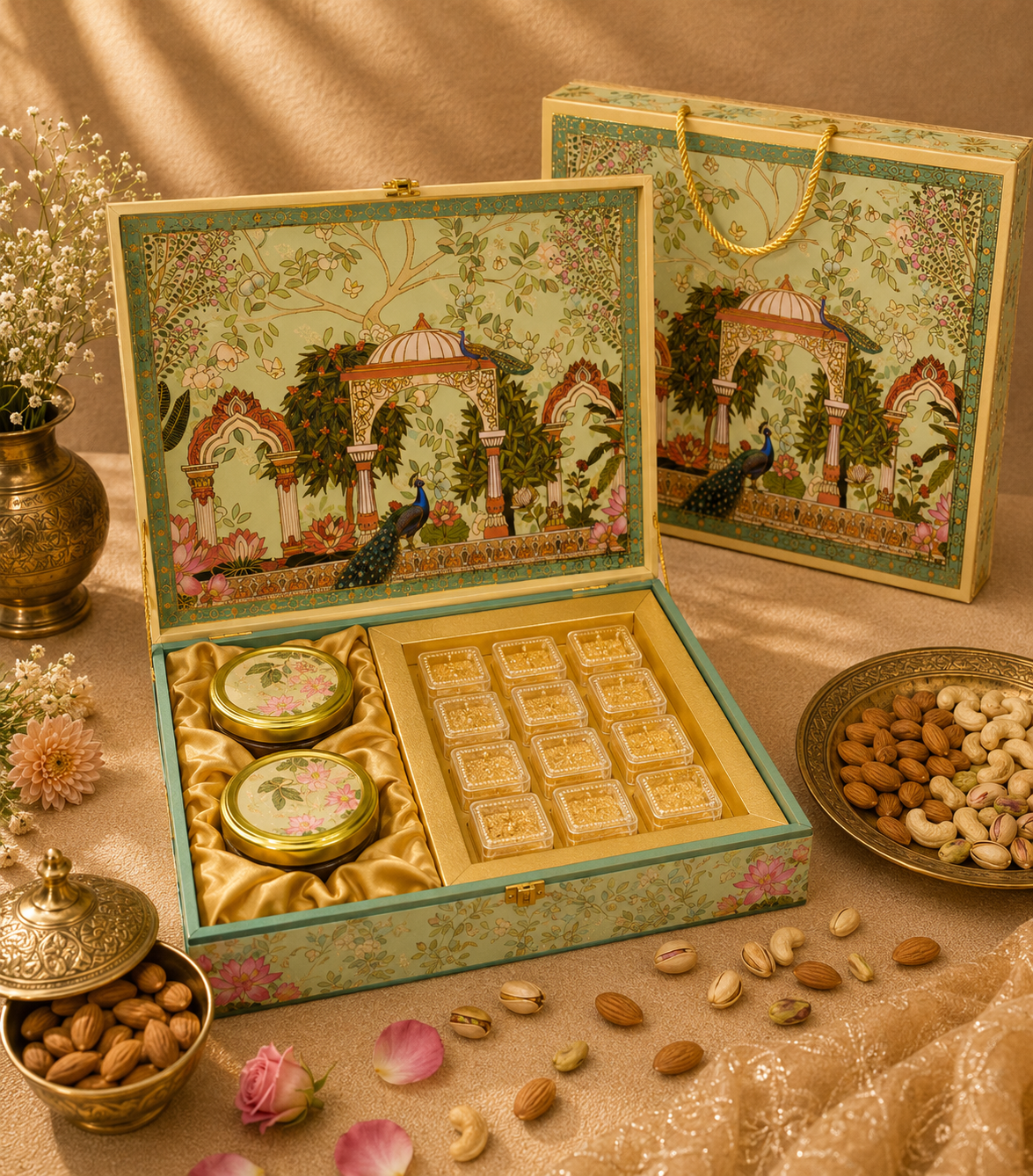 Ammari Emerald Garden corporate gift hamper in a mint green floral peacock garden-motif box
