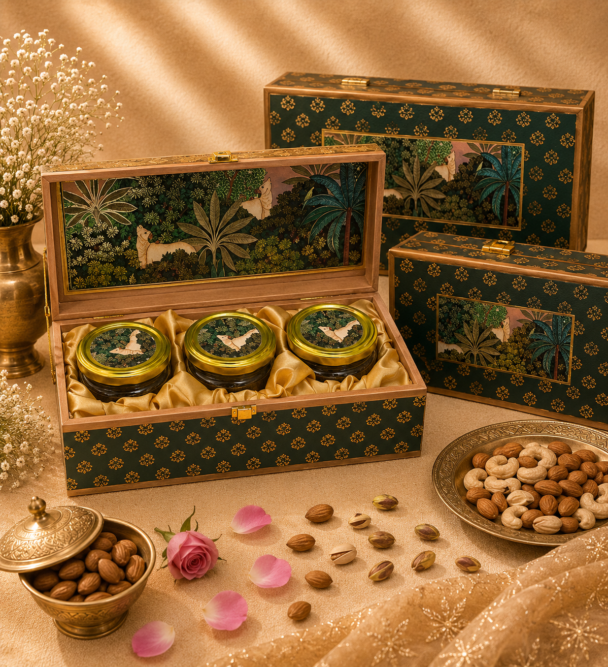 Ammari Forest Pichwai corporate gift hamper in a dark green Pichwai forest and deer-motif box