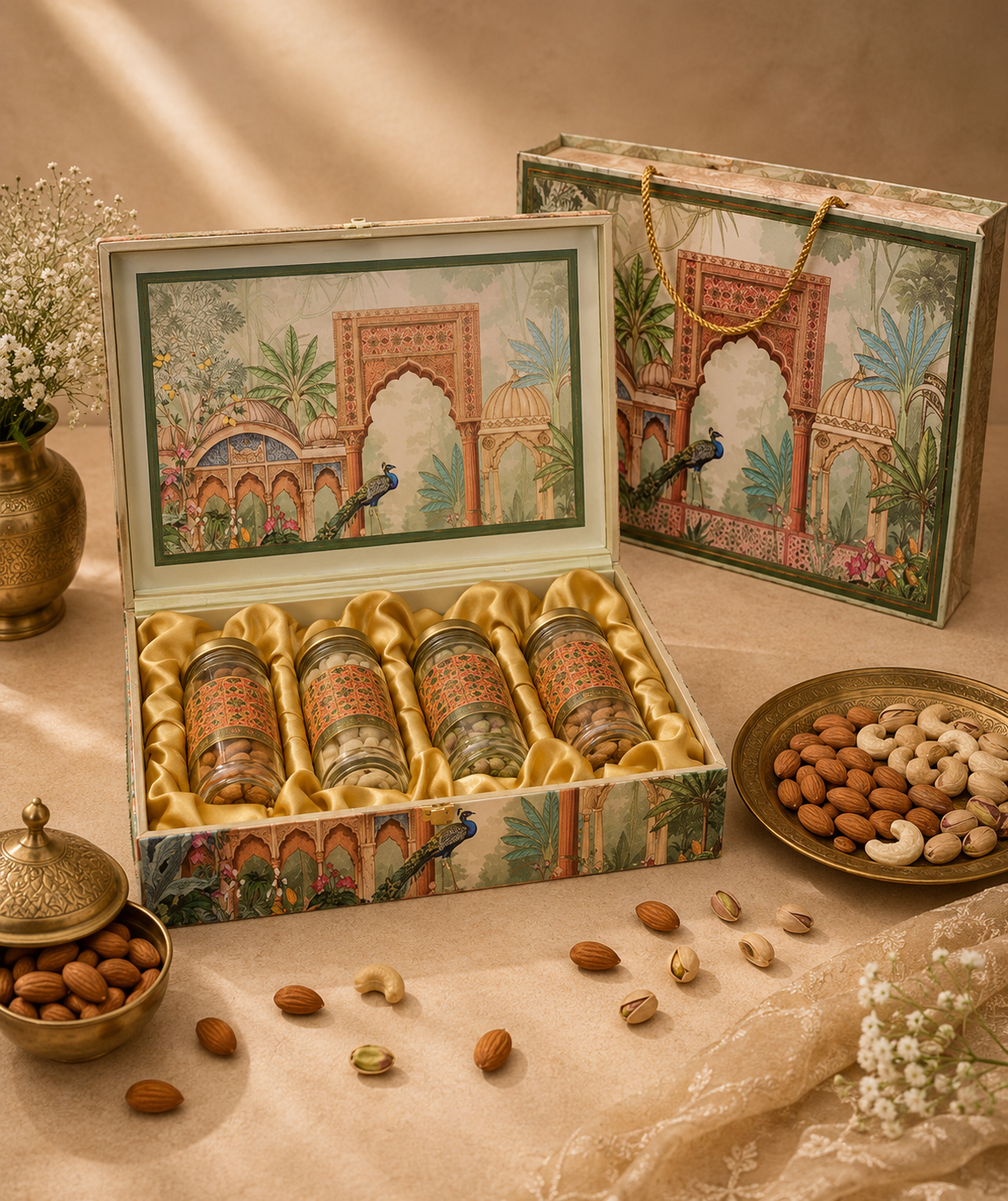 Ammari Ivory Courtyard corporate gift hamper in an ivory and sage archway peacock-motif box with four jars
