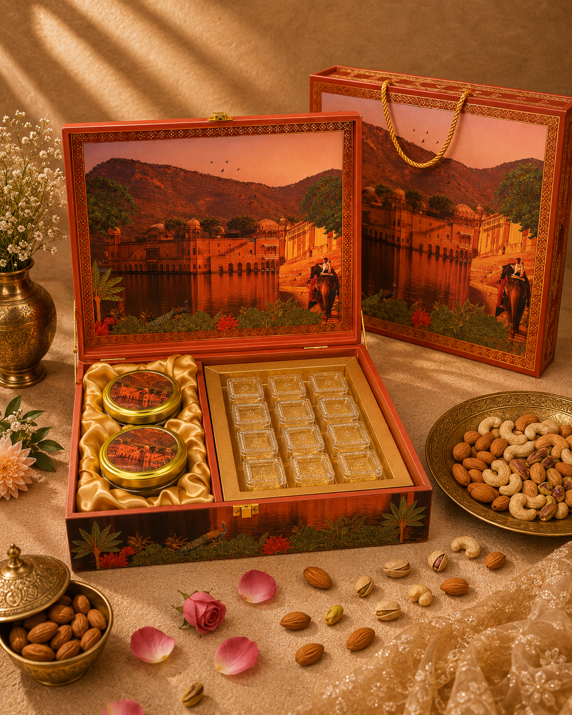 Ammari Jal Mahal corporate gift hamper in a sunset water palace-motif box with tins and mithai