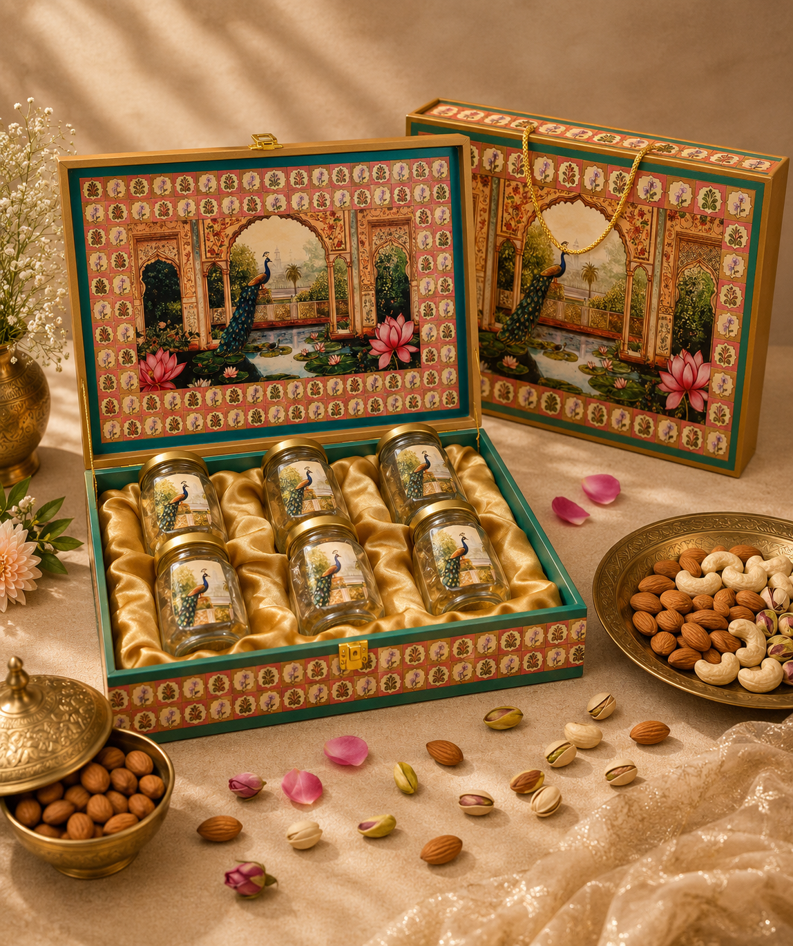 Ammari Lotus Pond corporate gift hamper in a teal and gold tile peacock-motif box with six jars