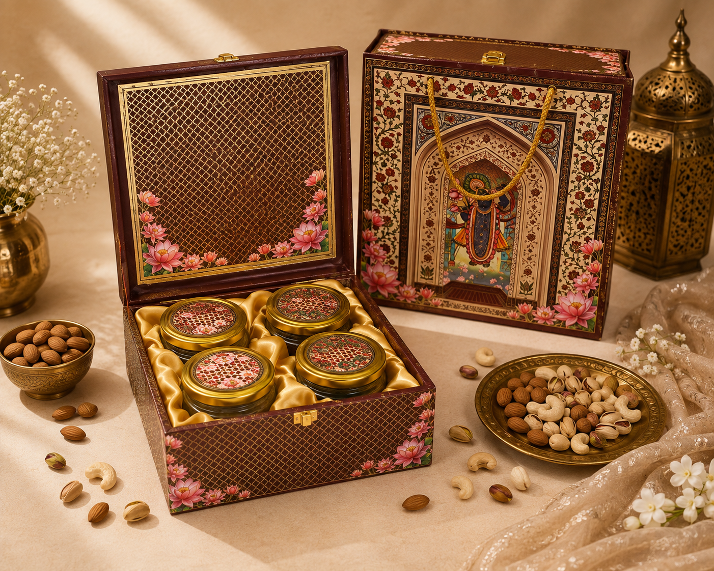 Ammari Lotus Reserve corporate gift hamper in a burgundy lotus-motif box with four jars